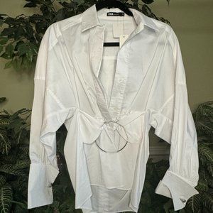 White Formal Long Sleeve Button Front Blouse